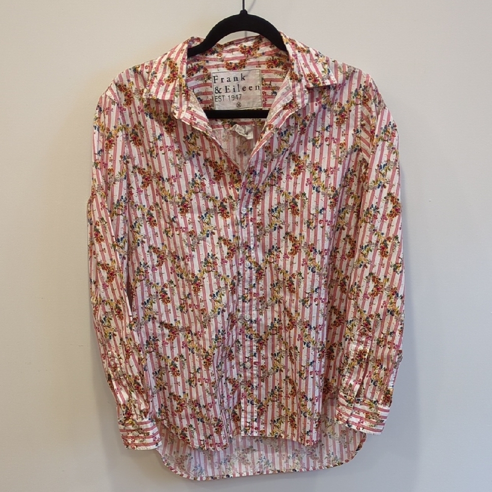 Frank&Eileen Floral Red‎ Striped Button Up Shirt Medium Cottage Preppy Whimsy